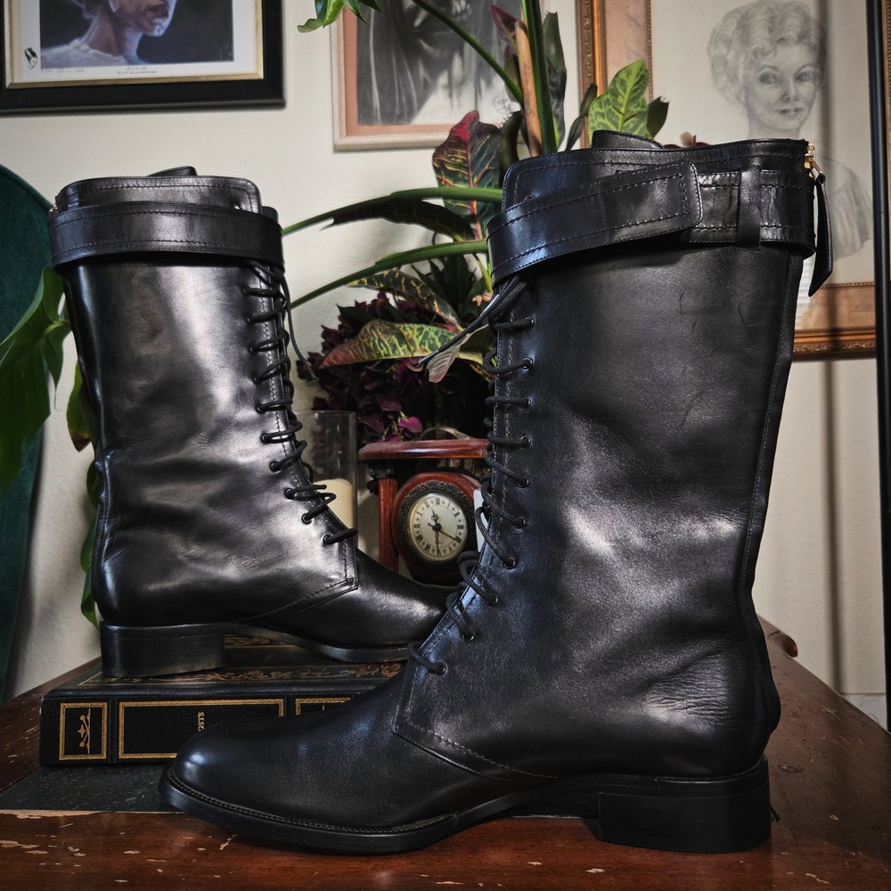 Tamara Mellon Combat Boots Nagoya Calf Black Leather Lace Up Size 42